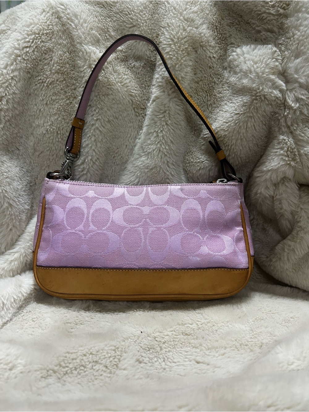 Coach Pink Signature Jacquard Shoulder Bag with Tan Trim